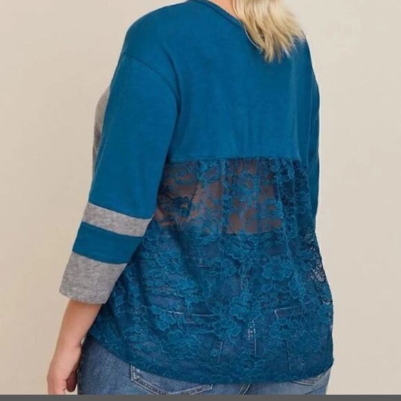 Torrid Blue & Grey Cotton Jersey Lace Back Colorblock Varsity Stripe Tee - Picture 6 of 9